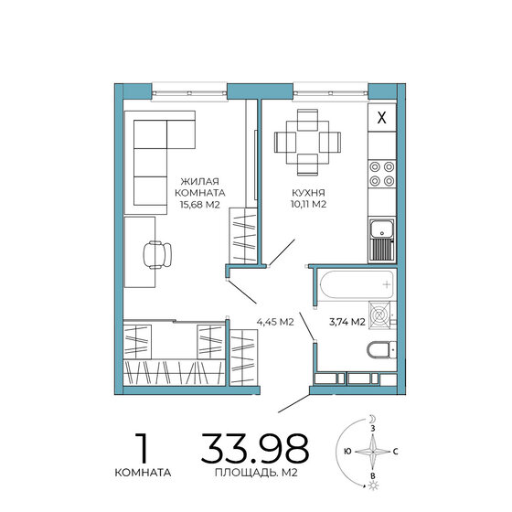 34 м², 1-комнатная квартира 3 398 000 ₽ - изображение 1