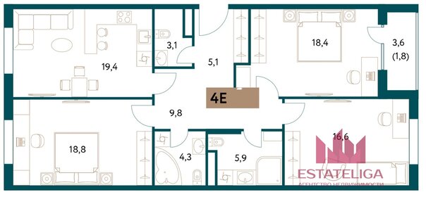 Квартира 104 м², 3-комнатная - изображение 1