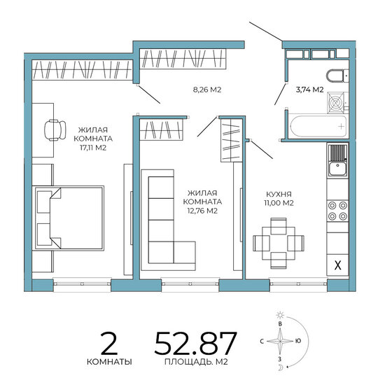 52,9 м², 2-комнатная квартира 4 969 780 ₽ - изображение 50