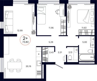 Квартира 73,8 м², 2-комнатная - изображение 1