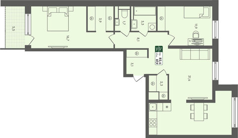 Квартира 87,9 м², 2-комнатная - изображение 1