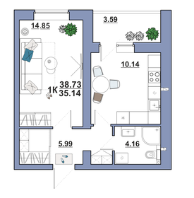 Квартира 38,7 м², 1-комнатная - изображение 1