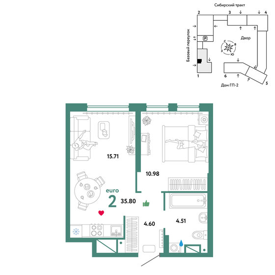 35,8 м², 2-комнатная квартира 6 665 000 ₽ - изображение 25