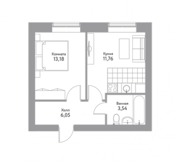 34,6 м², 1-комнатная квартира 3 664 500 ₽ - изображение 1