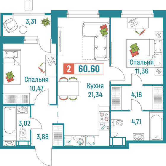 60,6 м², 2-комнатная квартира 11 701 860 ₽ - изображение 1