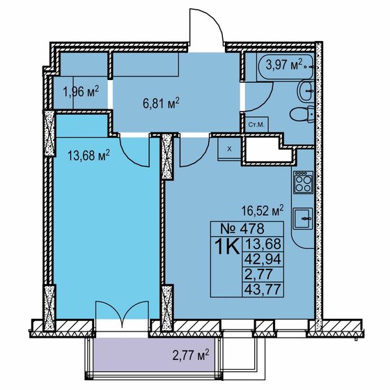 43,8 м², 1-комнатная квартира 8 160 000 ₽ - изображение 1