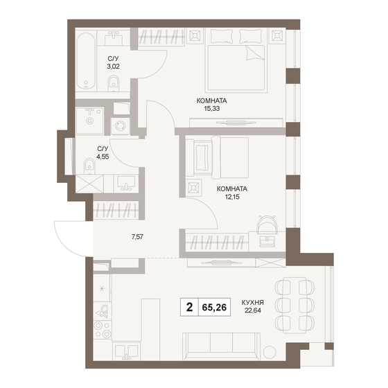 65,3 м², 2-комнатная квартира 36 532 352 ₽ - изображение 1