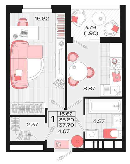 37,7 м², 1-комнатная квартира 5 313 815 ₽ - изображение 1