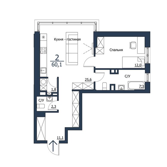 60,1 м², 2-комнатная квартира 9 916 500 ₽ - изображение 1