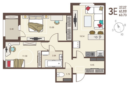 Квартира 63,7 м², 2-комнатная - изображение 1