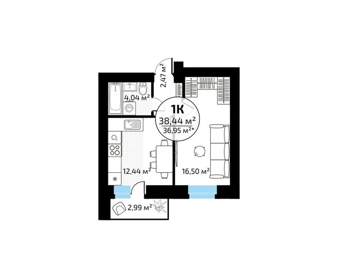 38,4 м², 1-комнатная квартира 5 890 815 ₽ - изображение 1