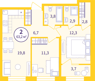 Квартира 61,3 м², 2-комнатная - изображение 1