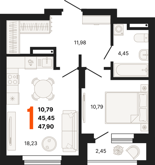 47,9 м², 1-комнатная квартира 6 535 200 ₽ - изображение 1