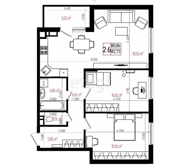 83 м², 2-комнатная квартира 7 300 000 ₽ - изображение 1