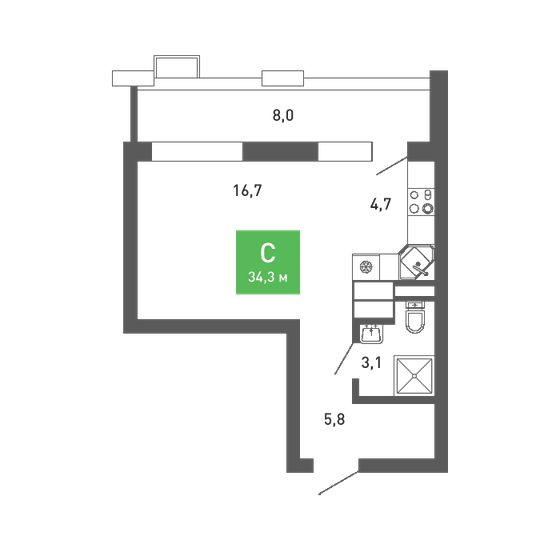 34,3 м², квартира-студия 4 301 892 ₽ - изображение 1