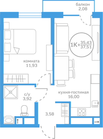 Квартира 35,4 м², 1-комнатная - изображение 1