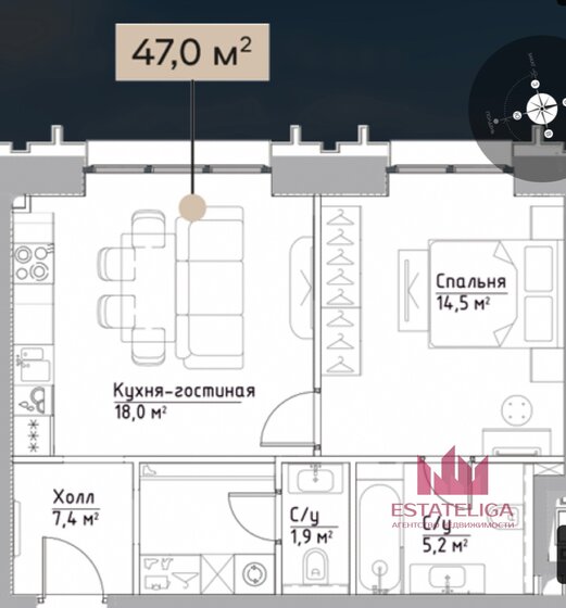47,7 м², 1-комнатная квартира 24 500 000 ₽ - изображение 1