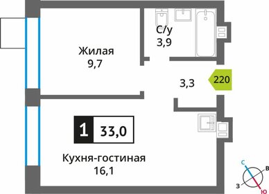 Квартира 33 м², 1-комнатная - изображение 1