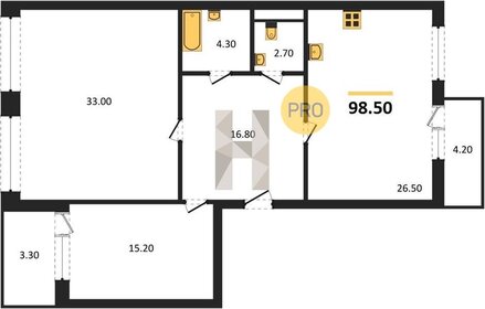 Квартира 98,5 м², 2-комнатная - изображение 1