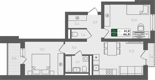 Квартира 66,8 м², 2-комнатная - изображение 1