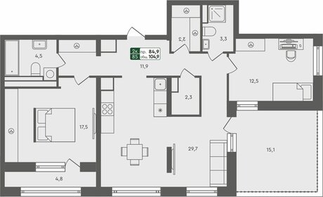 Квартира 104,8 м², 2-комнатная - изображение 1