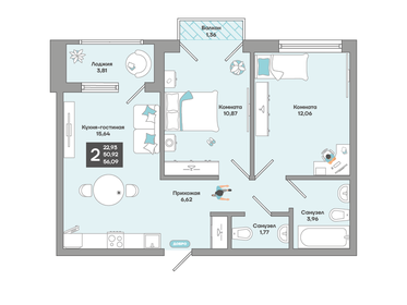 56,2 м², 2-комнатная квартира 7 220 415 ₽ - изображение 5