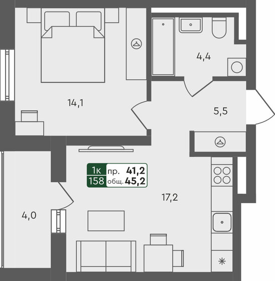 45,2 м², 1-комнатная квартира 5 442 400 ₽ - изображение 1