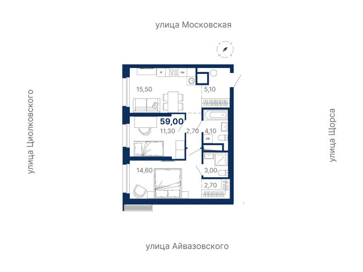 59 м², 2-комнатная квартира 11 628 605 ₽ - изображение 1