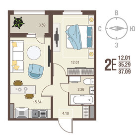 Квартира 37,1 м², 1-комнатная - изображение 1