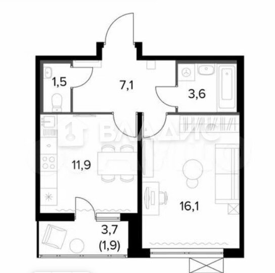 42,2 м², 1-комнатная квартира 9 200 000 ₽ - изображение 1