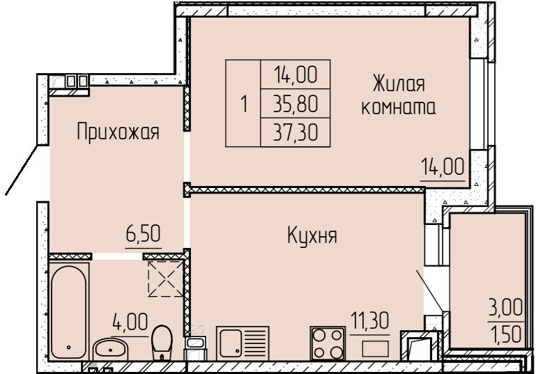 37,4 м², 1-комнатная квартира 3 735 000 ₽ - изображение 1