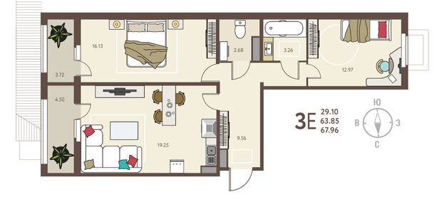 Квартира 68 м², 2-комнатная - изображение 1