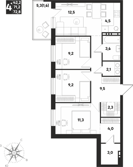 72,8 м², 4-комнатная квартира 8 481 200 ₽ - изображение 1