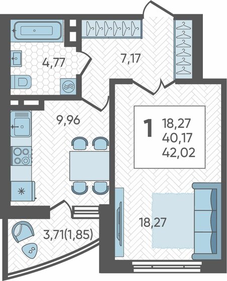 42 м², 1-комнатная квартира 6 134 920 ₽ - изображение 1