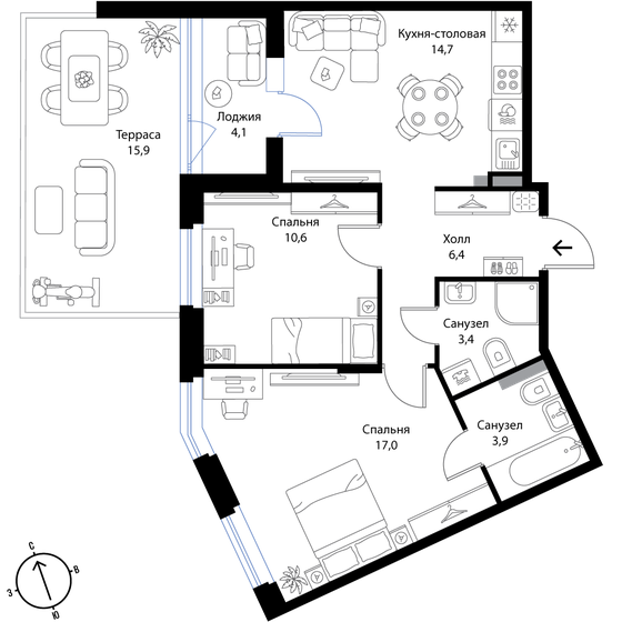 62,8 м², 3-комнатная квартира 10 996 280 ₽ - изображение 1