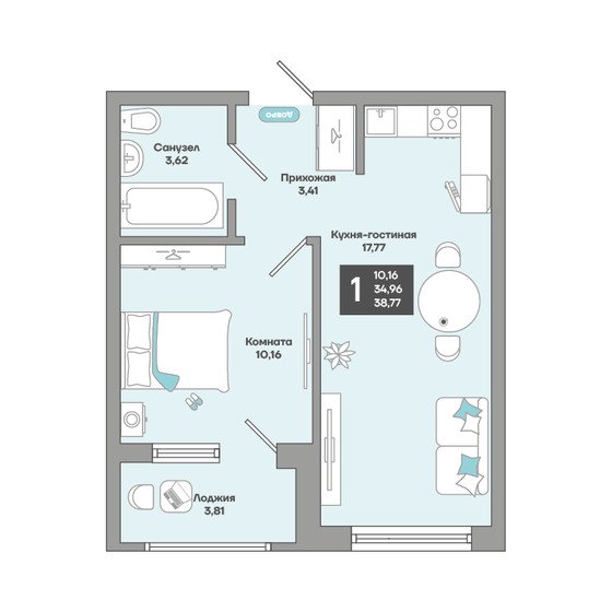 38,8 м², 1-комнатная квартира 6 945 142 ₽ - изображение 1