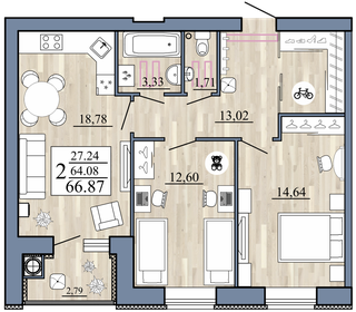 Квартира 66,9 м², 2-комнатная - изображение 1