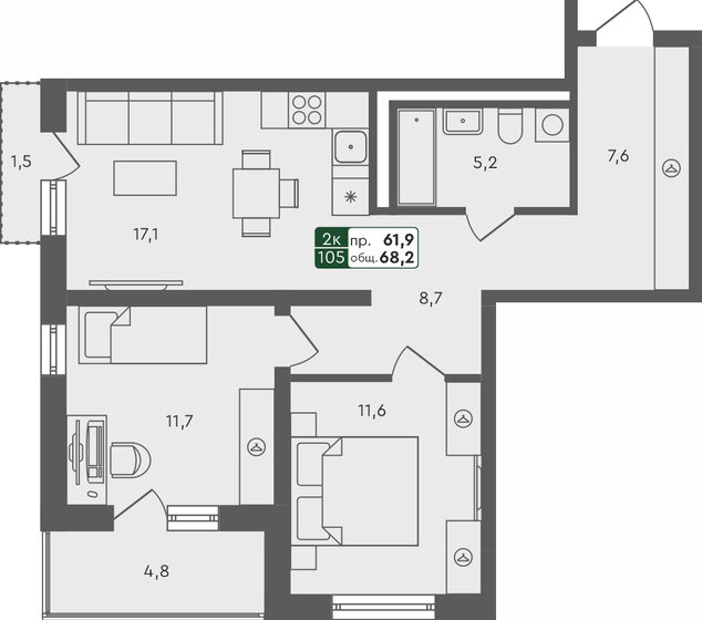 68,2 м², 2-комнатная квартира 7 501 900 ₽ - изображение 1