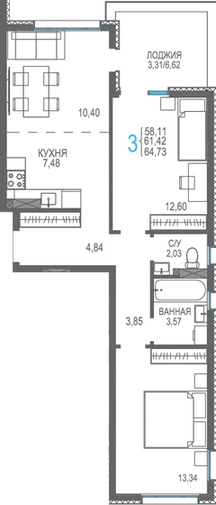 61,4 м², 3-комнатная квартира 10 748 500 ₽ - изображение 1