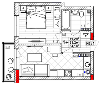 Квартира 34,1 м², 1-комнатная - изображение 1