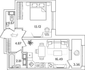 Квартира 42,7 м², 1-комнатная - изображение 1