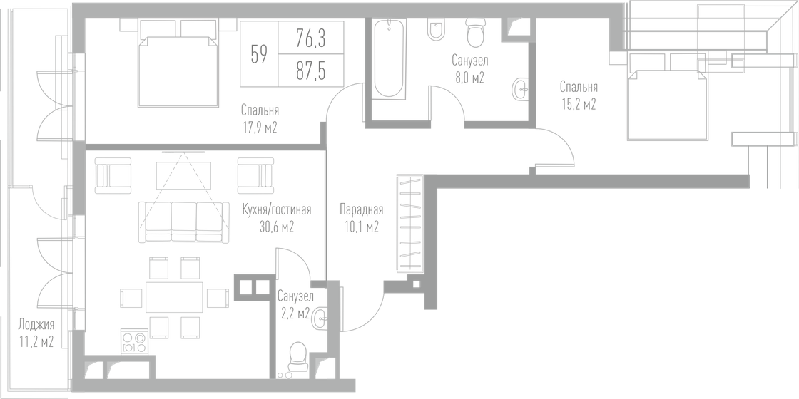 87,5 м², 2-комнатная квартира 21 364 274 ₽ - изображение 1