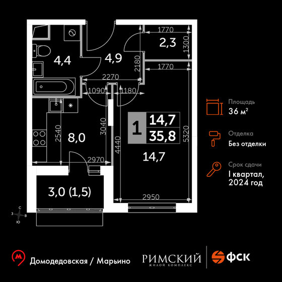 36 м², 1-комнатная квартира 8 081 644 ₽ - изображение 1