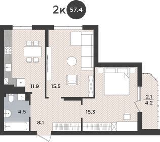 Квартира 57,4 м², 2-комнатная - изображение 1