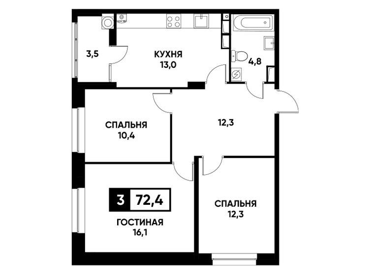 72,4 м², 3-комнатная квартира 7 283 440 ₽ - изображение 1