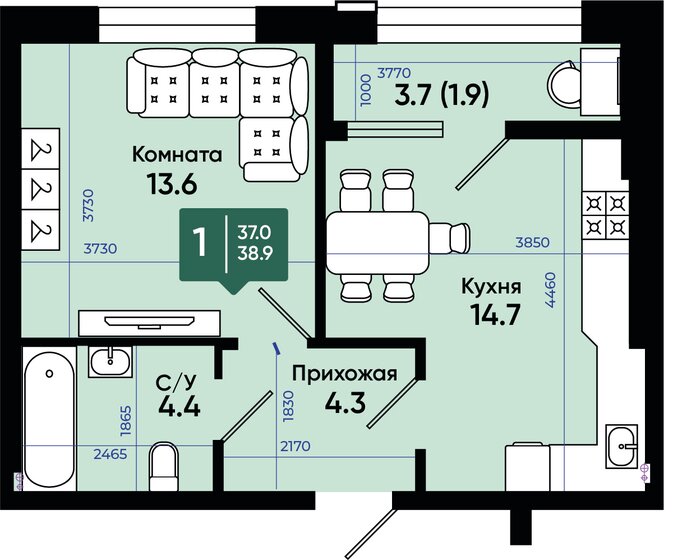 38,9 м², 1-комнатная квартира 4 123 400 ₽ - изображение 1