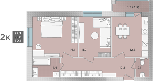 Квартира 60,5 м², 2-комнатная - изображение 1