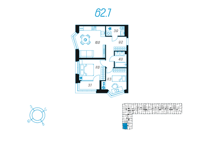 Квартира 62,7 м², 2-комнатная - изображение 1