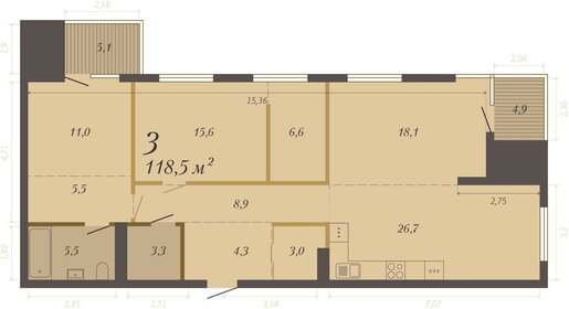 Квартира 118,5 м², 3-комнатные - изображение 1