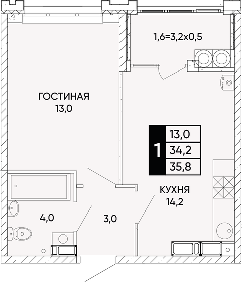 35,8 м², 1-комнатная квартира 5 978 600 ₽ - изображение 1